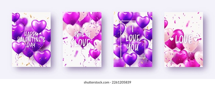 Valentine's Day banners with violet heart balloons and text. Wedding invitation card template, love background. Mother's Day greeting cards. Beautiful romantic banner. Vector illustration