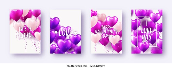 Valentine's Day banners with violet heart balloons and text. Wedding invitation card template, love background. Mother's Day greeting cards. Beautiful romantic banner. Vector illustration