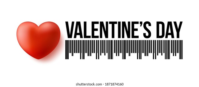 Código de barras de San Valentín con un corazón 3d realista. Día de San Valentín de amor Concepto de venta de ilustraciones vectoriales