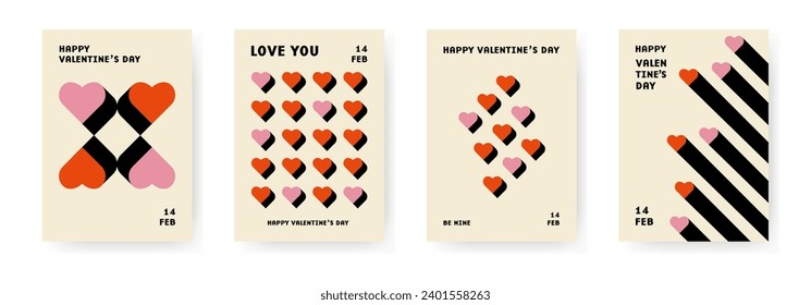 Valentines day bauhaus poster template set. Heart shape with shadow in modern style. Vector design for banner, card, cover