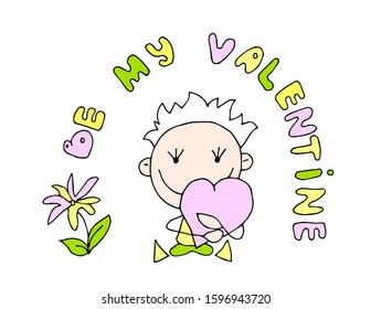 Valentine's Day. Be my Valentine. Cute hand drawn Boy and Girl isolated on a hearts background. Vector illustration.	