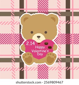 Valentine's day Bear has big heart that is written character and pink checked pattern.