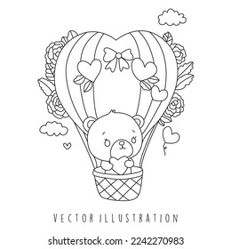 Valentine's day bear with hot air balloon coloring pages. Vector illustration