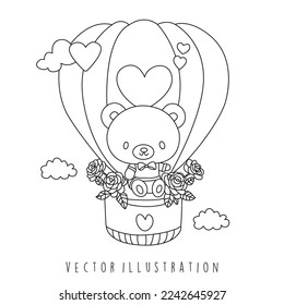 Valentine's day bear with hot air balloon coloring pages. Vector illustration