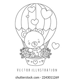 Valentine's day bear with hot air balloon coloring pages. Vector illustration