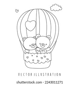 Valentine's day bear with hot air balloon coloring pages. Vector illustration