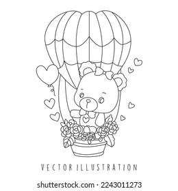 Valentine's day bear with hot air balloon coloring pages. Vector illustration