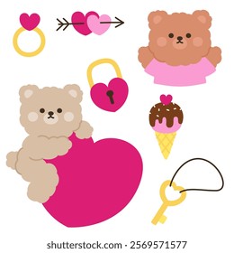 Valentine's Day Bear Stickers with Hearts, Keys, and Sweet Treats Vector Illustration