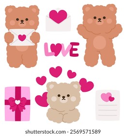 Valentine's Day Bear Stickers with Letters, Hearts, and Gift Boxes Vector Illustration