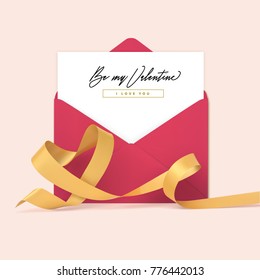 Valentines day beautiful design with ribbon heart shape and open envelope, vector template. Be my Valentine.