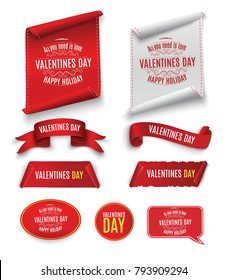 Valentine's Day. Beautiful red scrolling. A set of banners. Twisted paper. For advertising. Striped, gold and red ribbon on white background for congratulations for February.
