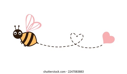 Día de San Valentín con dibujos animados de abejas y línea de puntos cardíacos aislados en ilustración vectorial de fondo blanco.