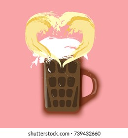 Valentines day beer. Beer mug on a pink background. Foam in the shape of a heart.