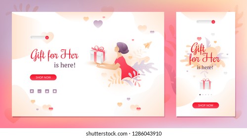 Valentine's day beige sale promotional banners with Gift for Her words, young woman with a gift box and call-to-action buttons. Desktop and mobile versions. Nicely organized vector EPS10.