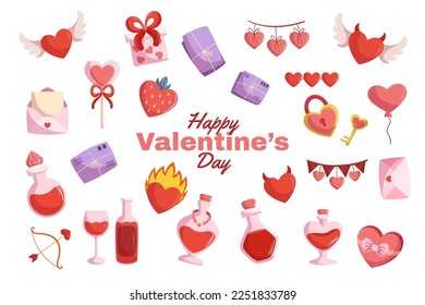 Valentines day big collection with festive elements - love potion bottles, different hearts with wing flame, letters and envelop. Vector cartoon style illustration
