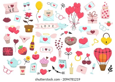 Valentine's day big cute set of doodle illustrations. The 14th of February. Letters, hearts, chat, love, birdie, candle, air balloons, panties, champagne. Vector illustration.