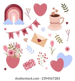 Día de San Valentín gran conjunto adorable de elementos románticos con flores, corazones, regalos, arcoiris, taza de café. Los stickers están listos. Estilo dibujado a mano. Ilustración del vector         