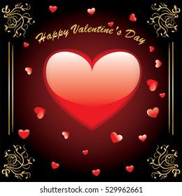 Valentine's Day  big heart glass red gold vintage frame with a backlit black background vector Greeting card Banner Poster