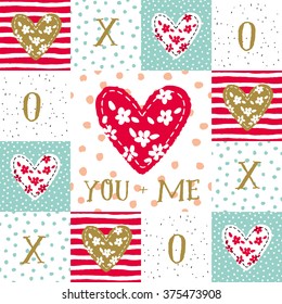 Valentines day big heart with message You plus me. Square patchwork background with hearts. Vector seamless pattern. Red, mint, gold and white colors.

