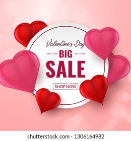 Valentines day big sale background with red and pink 3d Heart Shaped Balloons. Vector illustration. Wallpaper, flyers, invitation, posters, brochure, banners, discount, shop, market, special offer. 