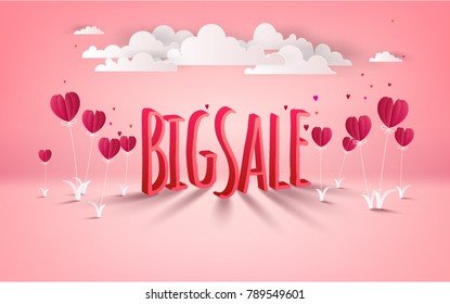 Valentines day big sale background with Heart Shaped Balloons flower and cloudy. Vector illustration. Wallpaper. flyers, invitation, posters, brochure, banners