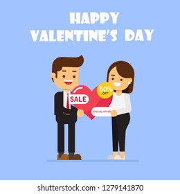Valentine's Day Big Sale Banner With Man And Woman, Love, Shopping