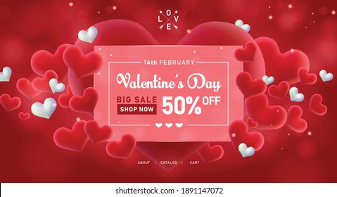 Valentine's day big sale banner background. Red hearts. Cute love banner or Valentines greeting card. Vector illustration.