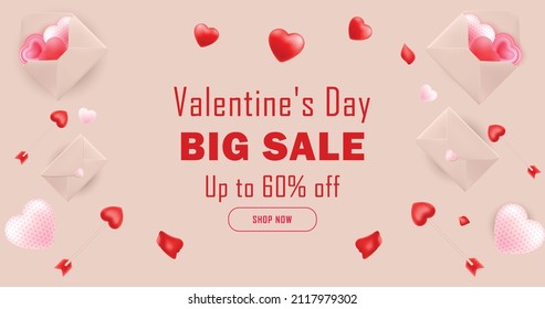 Valentine's day big sale banner, Valentine's day offer Template with Discount Tag, Vector illustration design.
