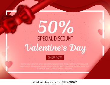 Valentine's day big sale design template with re bow and red hearts.Valentine Banner template for promotion