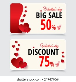 Valentines day big sale.  Discount 50% and 75%. 14 february. Design banner. Vector illustration. Pink Background Hearts. 