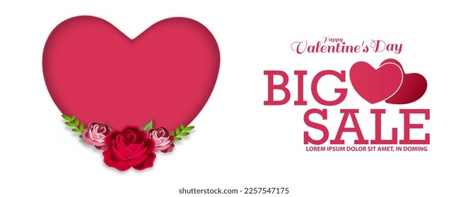 Cartel de la gran oferta de venta del Día de San Valentín, plantilla de pancartas. Corazón rojo con flores rosadas. Plantilla de publicidad y compras. Ilustración del vector