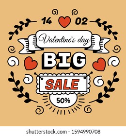 Valentine's day big sale. Vector illustration, lettering en tattoo style in red, white, black and beige.