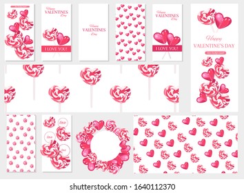 valentine's day big set, candy, lollipop, patterns,  sale and other flyer templates with lettering Pink and white spiral heart lollipops love background 
