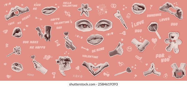 Valentine's day big Set of collage paper cut out symbols, newspapers and doodle. Isolated vector illustration of groovy heart shaped eyes, hands, mouth, teddy, gift for a nostalgic and vintage designs