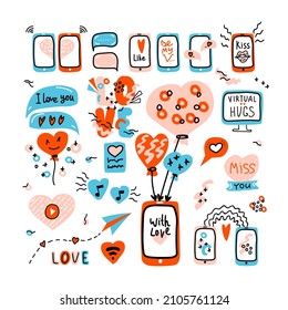 Valentines Day big set doodle icon message Virtual Love. Internet Love, mobile phone, monitor, video, audio, talk, chat, decoration, heart, balloon line art. Hand drawn flat and lettering vector.