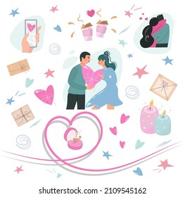 Valentine's Day big set. Happy holiday vector love set elements couple lovers heart stars gifts candles, love drink, cute illustrations clip-art character man romantic. Vector flat style Gentle shades