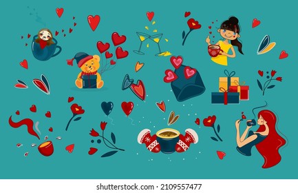 Valentine's Day big set. Happy holiday love vector set of heart symbol elements gifts, coffee love drink, cute illustration clip-art character man romantic. Vector flat style. Bright shades turquoise