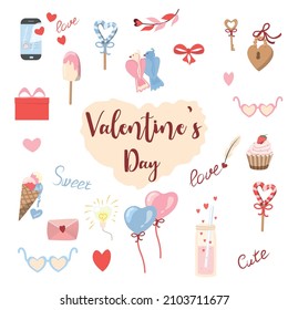 Valentine's day big set. Many various romantic objects. Colored trendy illustration. All elements are isolated.