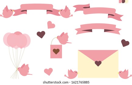 Valentines Day Bird Ribbon Frames, Bird Illustration Set