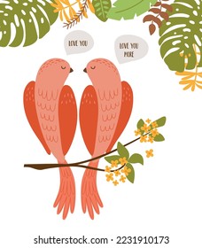 Valentines day birds couple into the jungle with text Love you isolated elements. Romantic tropical birds, parrots are great for St. Valentines day greeting. Vector illustration of pink couple birds