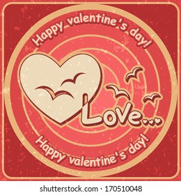 Valentines day, Birds in the heart, Vector retro banner