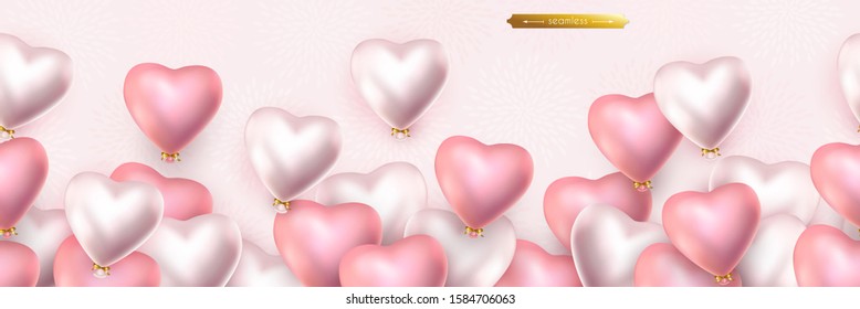 Valentine's day, birthday, anniversary seamless border, flying helium pink and pearly balloons in the shape of a heart. Horizontal seamless vector pattern