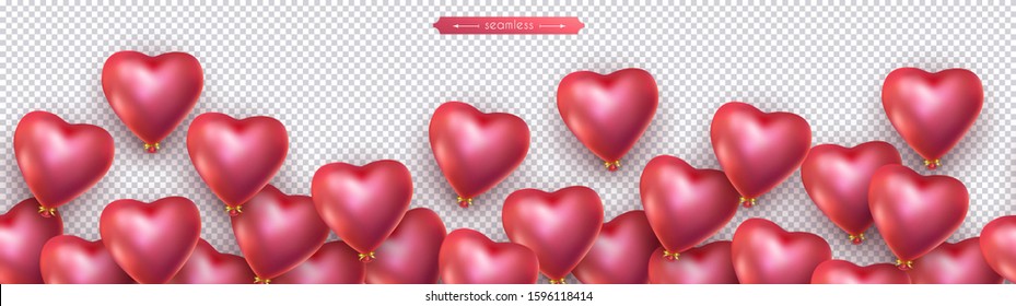 Valentines day, birthday, anniversary seamless border, flying helium red balloons in the shape of heart. Horizontal seamless isolated vector pattern, transparent background