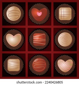 Valentine's day, birthday chocolates in box. Chocolate set, delicious dessert pattern, love banner, top view chocolate pralines collection, chocolate vector illustration