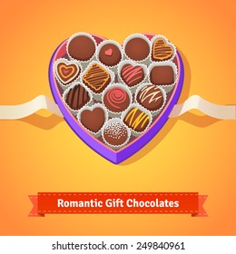 Valentine's day, birthday chocolates in heart shaped box on yellow background.  Flat style illustration or icon. EPS 10 vector.