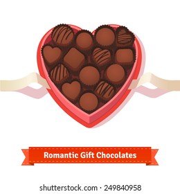 Valentine's day, birthday dark chocolates in heart shaped box on white.  Flat style illustration or icon. EPS 10 vector.