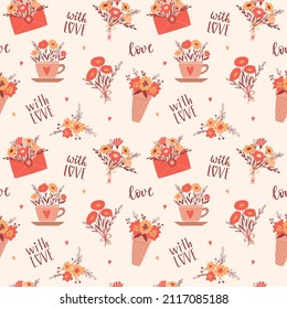 Valentine's day, birthday seamless pattern with simple red and yellow flowers, bouquets in an envelope, a cup, handwritten words With love. Vector illustration on a light beige background