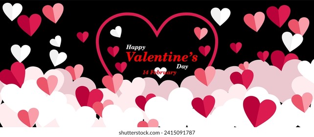 Fondo negro de San Valentín Diseño de ilustraciones vectoriales con corazones de papel rojo, blanco y rosa 3d