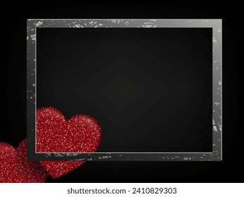 Valentine's Day, Black composition with gradient, textural red hearts, gray rectangular frame.