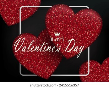 Valentine's day, Black composition with gradient, wonderful textural red hearts, white square frame.